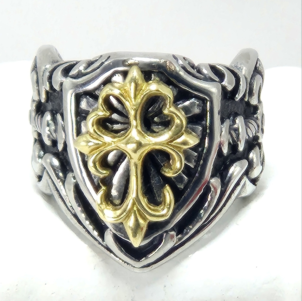 STJK Men’s Sword & Shield Ring Silver & Gold Fleur-de-Lis Medieval Warrior Ring